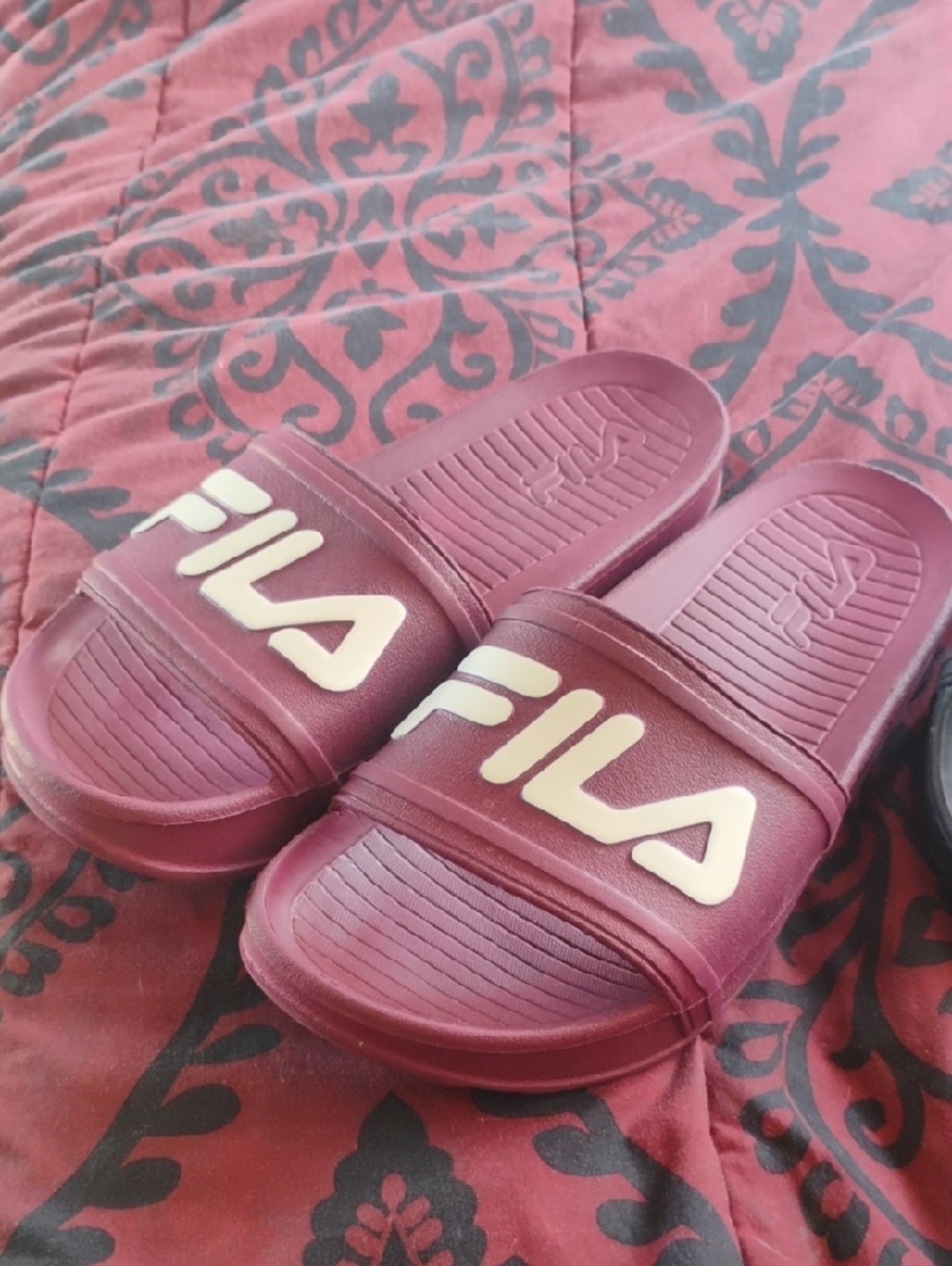 Fila Slide Sandal Package in Black and Burgundy with White Logo Size 8 - Picture 3 of 4